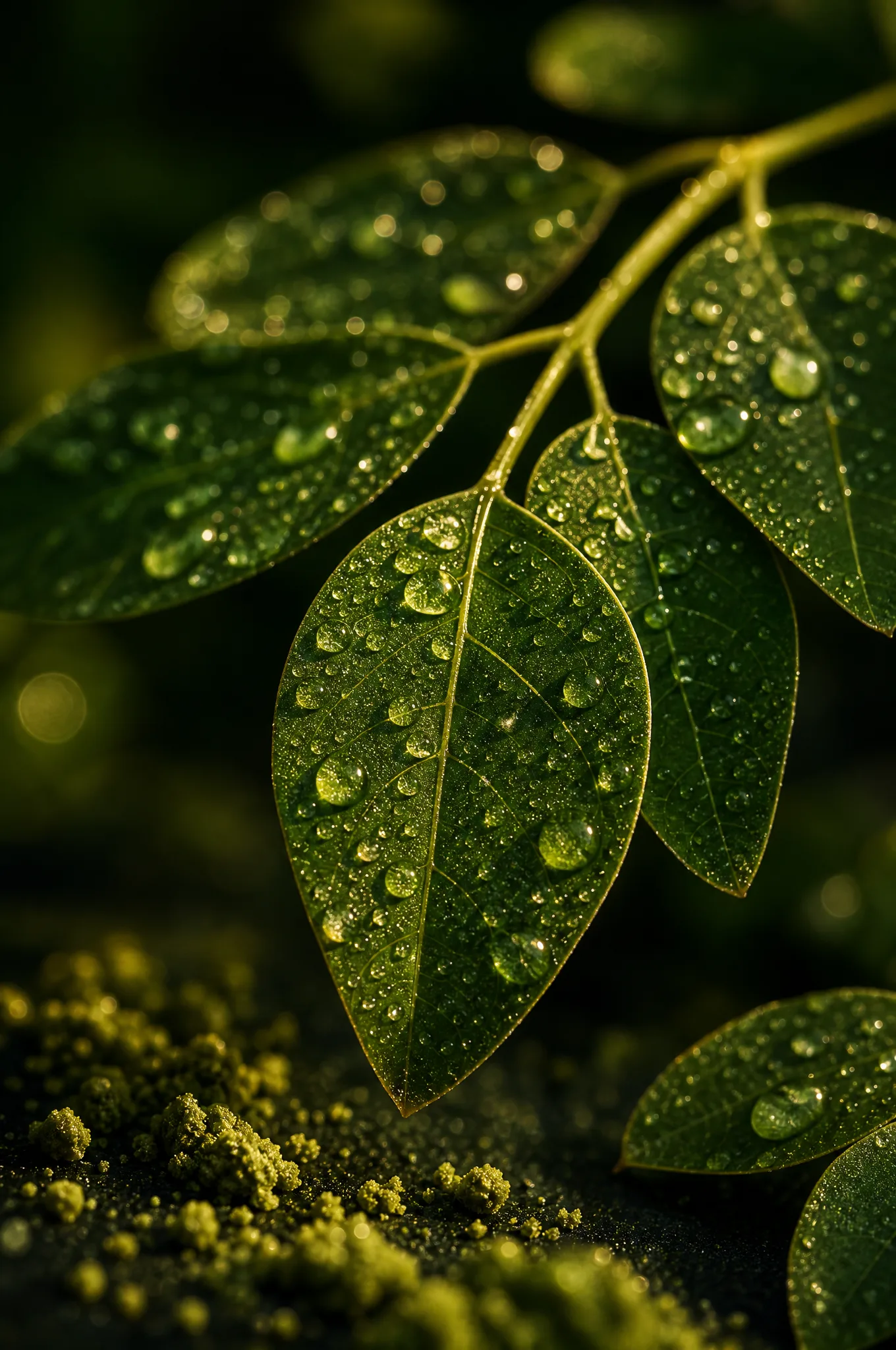 Moringa leaves with morning dew